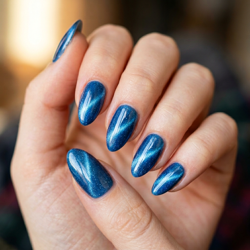 Blue cat-eye nails featuring a glossy finish that creates a mesmerizing optical effect, perfect for a chic and stylish look.